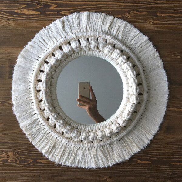 Boho Macrame Mirror Round Bohemian Style Beige Wall Mirrors