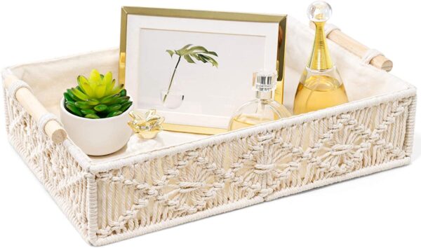 Decorative Tray Boho Home Decor Basket TBF3, a basket filled with decorative items