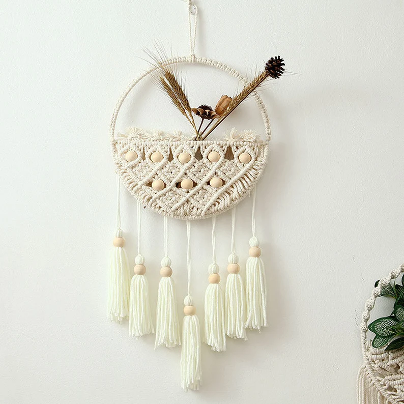 Wall Hanging Baskets, Macrame Basket for Dried Flower, Hanging Plant Holder with Tassel, Kitchen Storage Basket, Boho Wall Decor