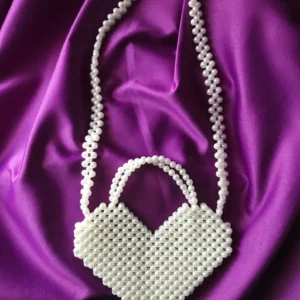 Heart Pearl Bead Bag, Pearl Purse, Pearl Bag, White Evening Bag, Gift For Her, Heart Bag, Valentine’s Day Gift, Heart Bead Bag, Handmade Bag