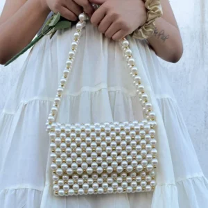 Pearl Beaded Bag, Vintage Faux Pearl Shoulder Bag, Pearl Purse,Bridal Bag,White Evening Bag,Yellow Pearl Detailed