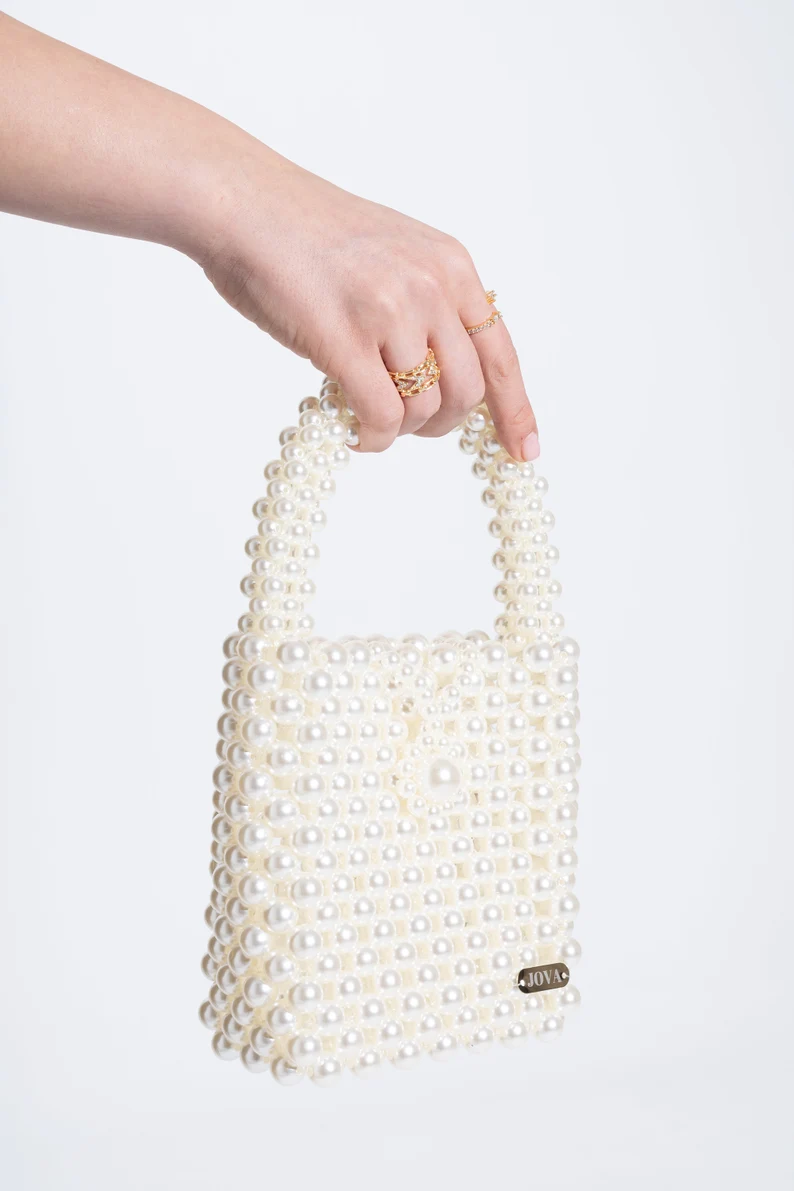 Vintage Bag, Faux Pearl Bag, White Pearl Bag, pearl bag, beaded evening bag, handmade bead bag, Bridal handbag, vintage bead bag