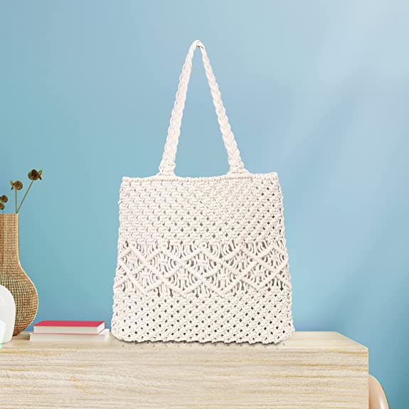 THE TOP KNOTT Stylish Handmade Macrame Sling Bags For Women’s macrame hand bag full size Beige ( bag008)