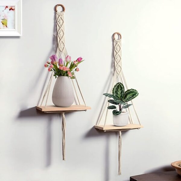 Macrame Handmade Wall Shelf for Plants Decor Cotton Cord Pine Wooden Plank
