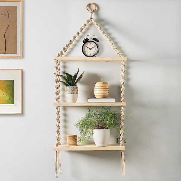 The Top Knott Macrame Wall Hanging 3-Tier Floating Shelves Natural Pine