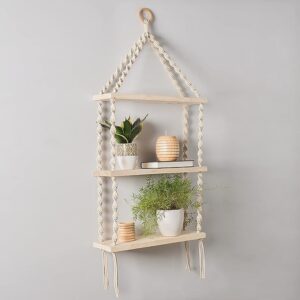 The Top Knott Macrame Wall Hanging 3-Tier Floating Shelves Natural Pine with Wooden Ring Bohemian Hand Woven Decor Bookcase Display Storage Rack Beige 105 x 40 cm, (3-Tier Floating Shelves-2.)